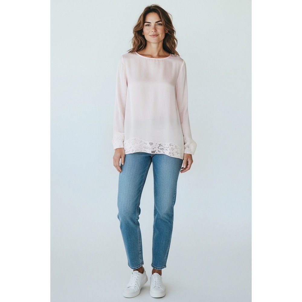 Mezzo Italy Soft Pink Lace Trim Long Sleeve Blouse Camisole Liner Silk Sz S